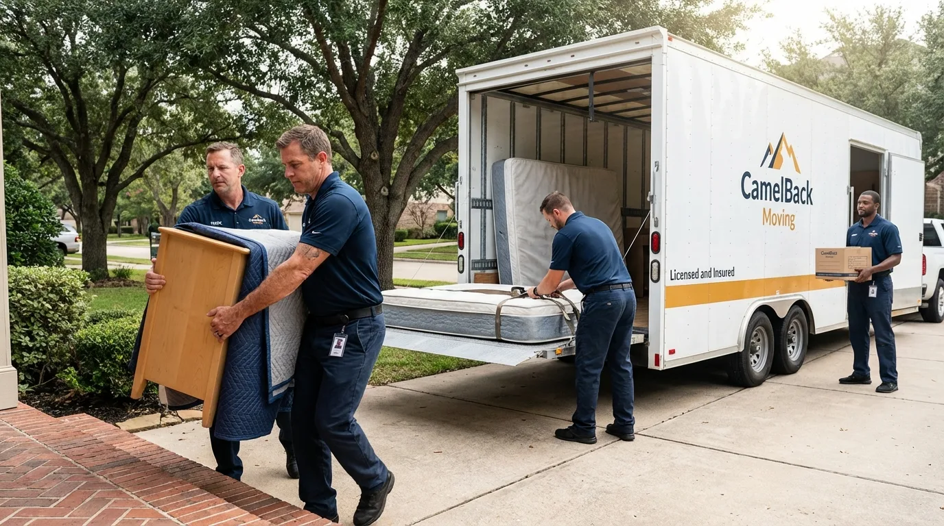 Crew loading residential truck for cross-state move from Tracy, CA