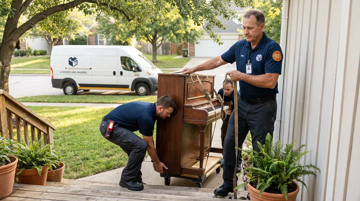 Licensed piano movers securing grand piano in Tracy, CA