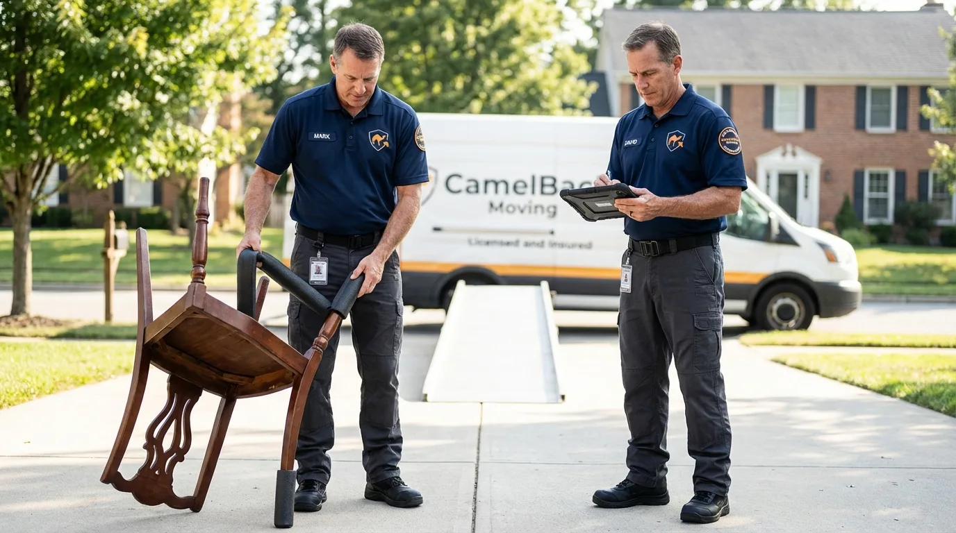 Movers inspecting furniture for damage prevention before loading in Tracy, CA